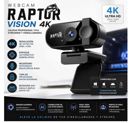 WEBCAM Raptor Vision 4K microfono Con tapa